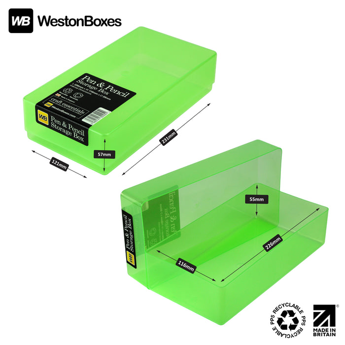 Green/Transparent, WestonBoxes Pen and Pencil Box internal and external Dimensions
