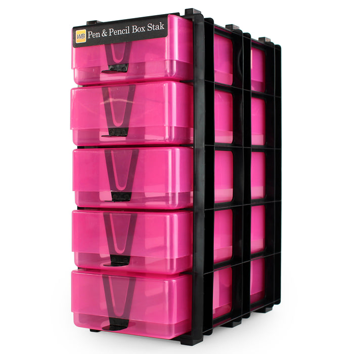 WestonBoxes pen and pencil storage box stacking unit for arts and crafts supplies pink transparent