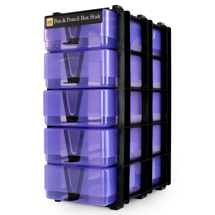 WestonBoxes pen and pencil storage box stacking unit for arts and crafts supplies purple transparent