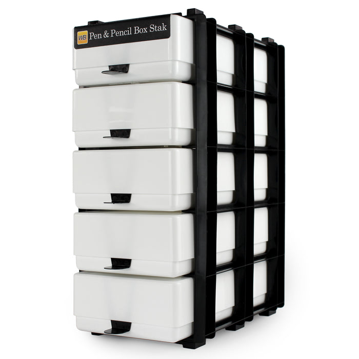 WestonBoxes pen and pencil storage box stacking unit for arts and crafts supplies white opaque tough impact resistant
