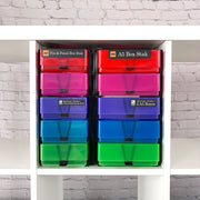 A5 Box Stak and Pen & Pencil Box Stak fitted side by side inside an IKEA Kallax shelving cube