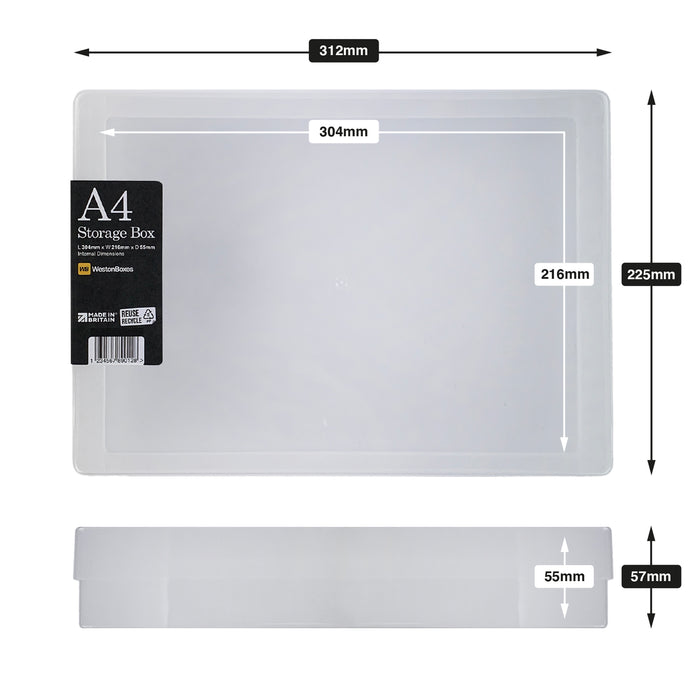 WestonBoxes clear plastic A4 Storage Boxes Internal and external dimensions