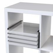IKEA Kallax shelf inserts holding four clear 12x12 scrapbook paper storage boxes