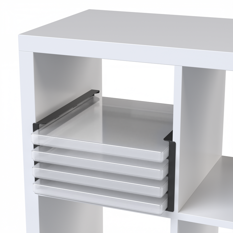 IKEA Kallax shelf inserts holding four clear 12x12 scrapbook paper storage boxes