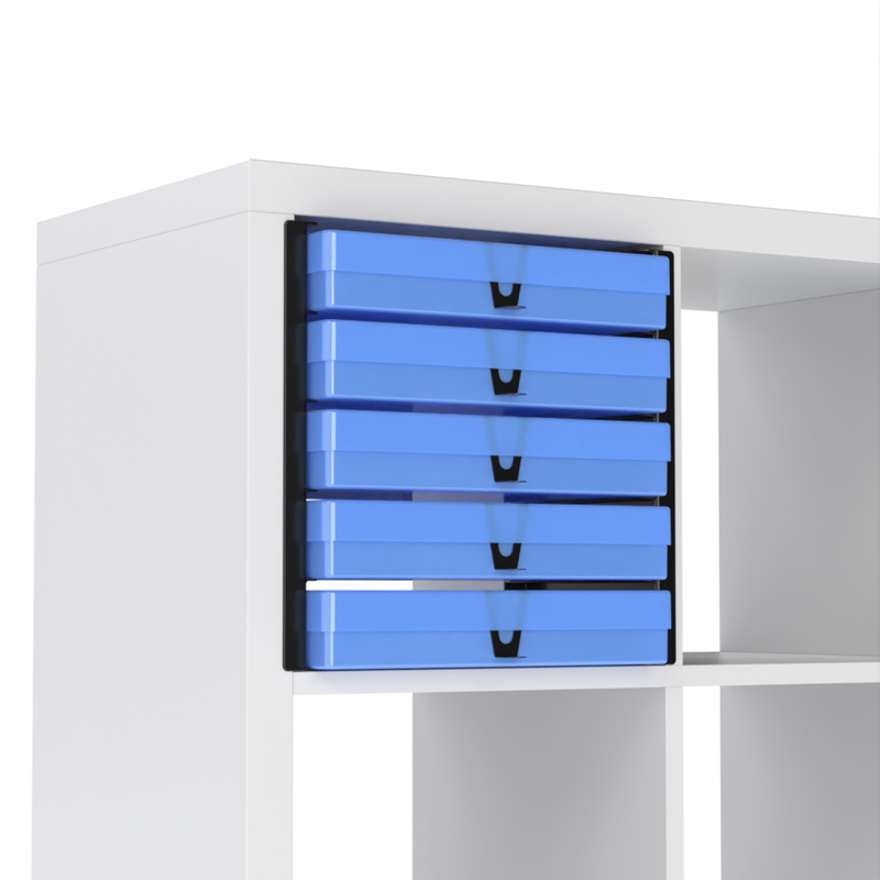 Five translucent blue A4 paper storage boxes shelved on black inserts inside an IKEA Kallax cube