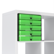 Five translucent green A4 paper storage boxes shelved on black inserts inside an IKEA Kallax cube