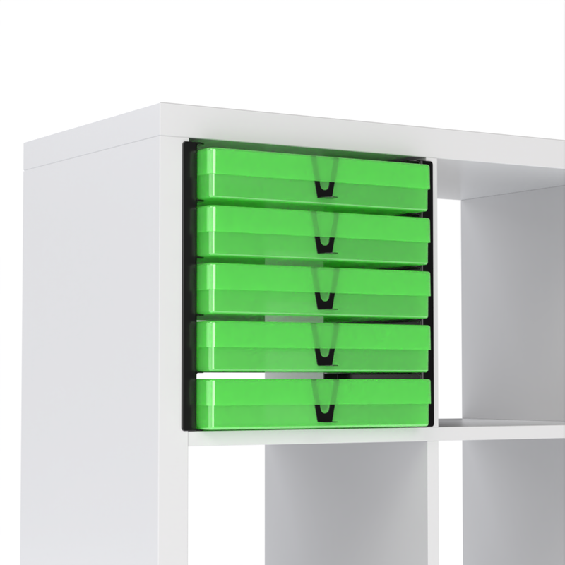 Five translucent green A4 paper storage boxes shelved on black inserts inside an IKEA Kallax cube