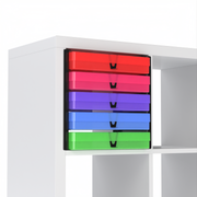 Five translucent multicoloured A4 paper storage boxes shelved on black inserts inside an IKEA Kallax cube
