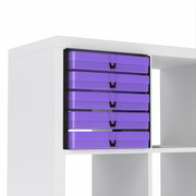 Five translucent purple A4 paper storage boxes shelved on black inserts inside an IKEA Kallax cube