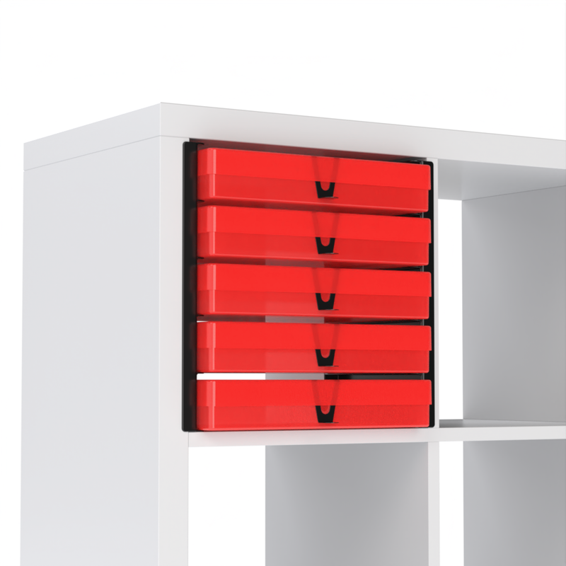 Five translucent red A4 paper storage boxes shelved on black inserts inside an IKEA Kallax cube