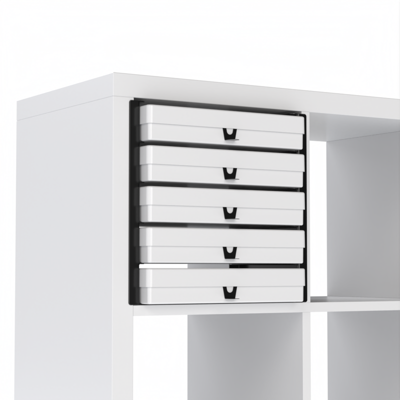 Five opaque white A4 paper storage boxes shelved on black inserts inside an IKEA Kallax cube