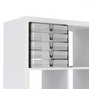 IKEA Kallax cube fitted with black shelf inserts holding five clear WestonBoxes A4 storage boxes
