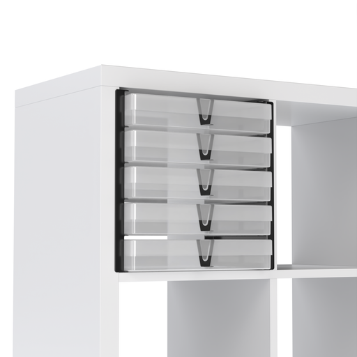 IKEA Kallax cube fitted with black shelf inserts holding five clear WestonBoxes A4 storage boxes