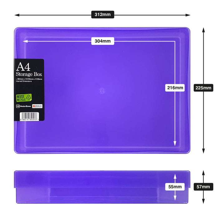 Purple plastic storage boxes for a4 size paper documents and prints internal and external size