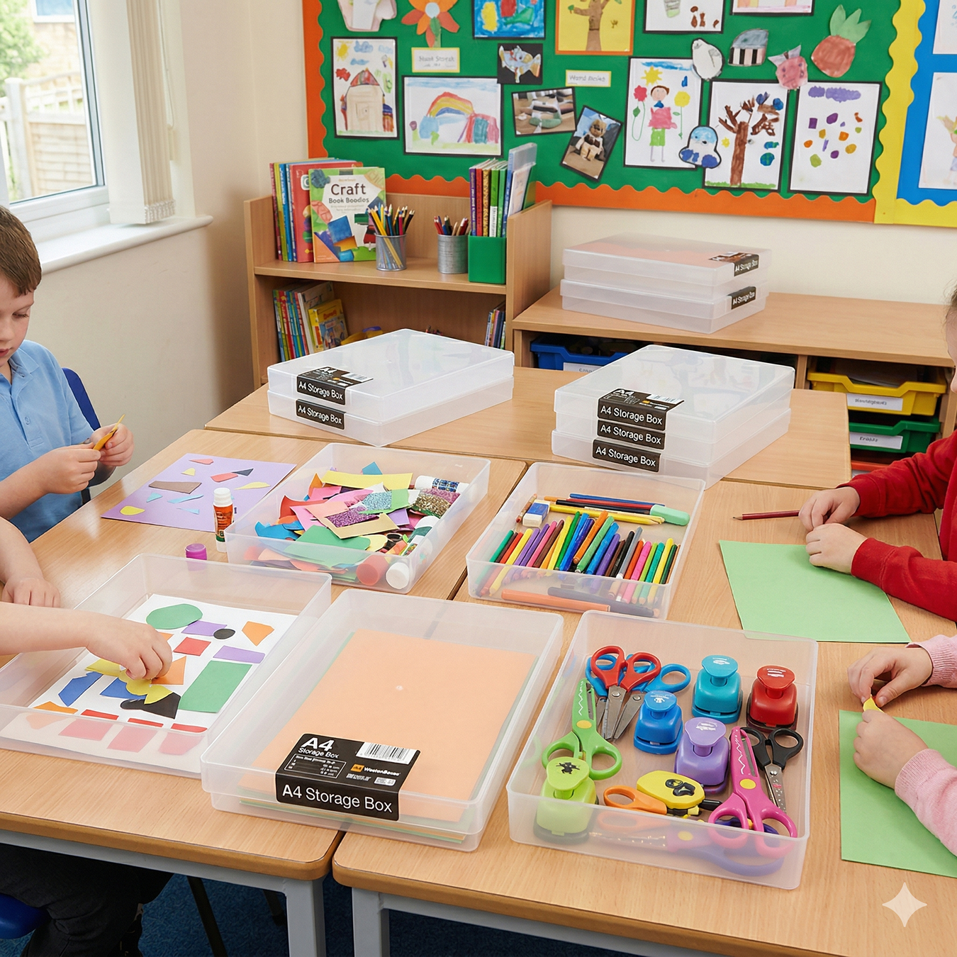 plastic storage boxes in a classroom used for toring paper, coloured card and stationery