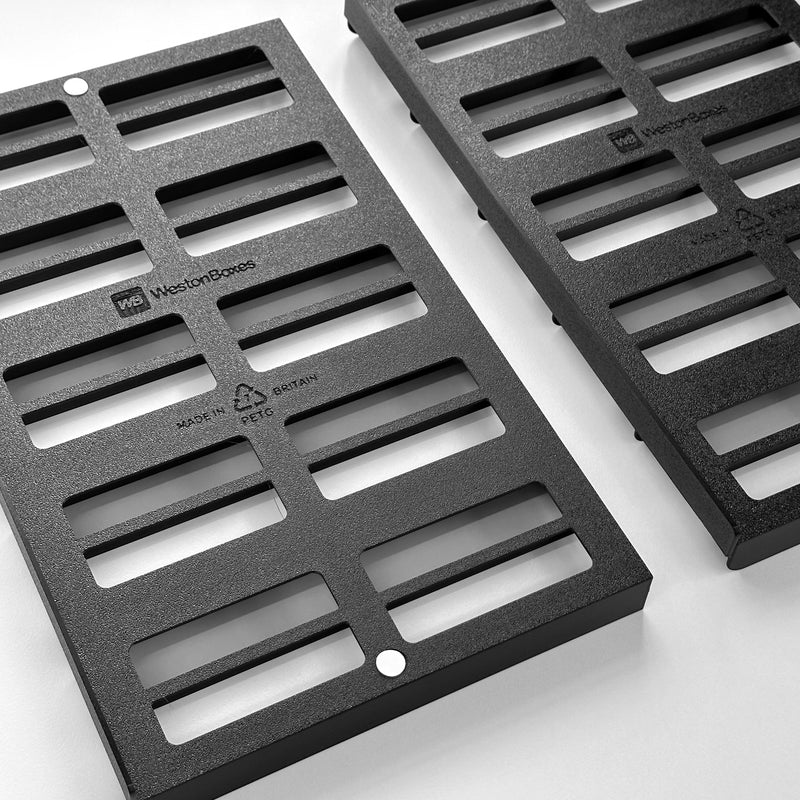 Black Kallax compatible shelf inserts to hold five A4 paper storage boxes