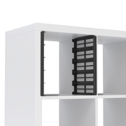 Empty black Kallax shelf inserts fitted in an IKEA Kallax cube, ready to hold five WestonBoxes A4 storage boxes