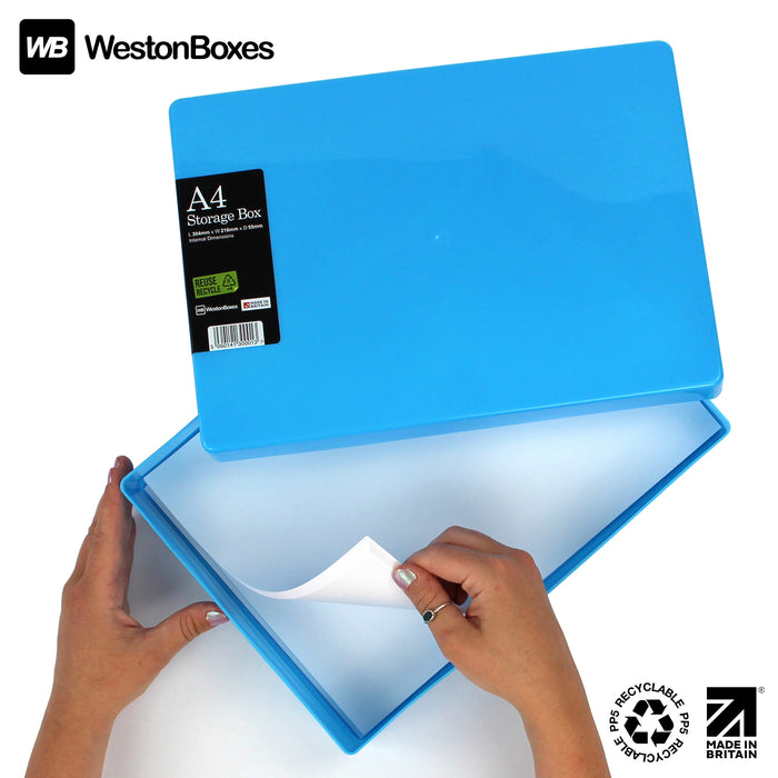 Neon Blue / Opaque, WestonBoxes Plastic A4 Paper Storage Box With Lid