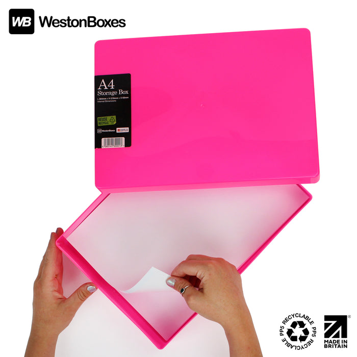 Neon Pink / Opaque, Neon MixPack / Opaque, WestonBoxes Plastic A4 Paper Storage Box With Lid