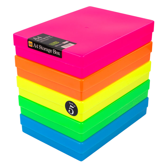Neon MixPack / Opaque, WestonBoxes Plastic A4 Paper Storage Box With Lid, 5 Boxes