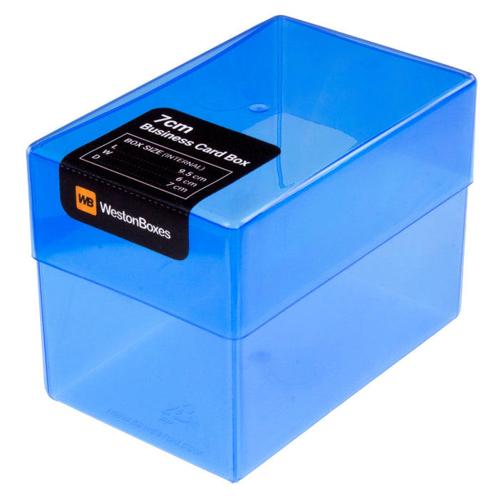Blue business card box plastic transparent holds up to 250 cards