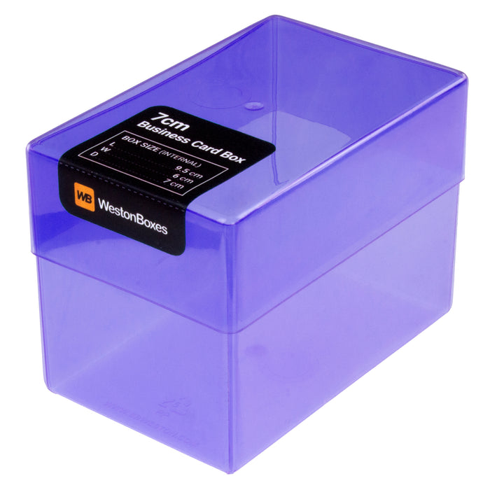 Purple business card box plastic transparent holds up to 250 cards