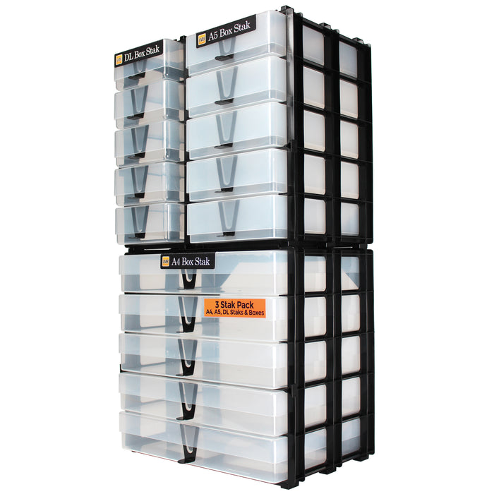 Clear / Transparent, WestonBoxes 3 Box Stak Pack A4, A5, DL Crat Storage Unit Staks & Boxes modular customisable storage