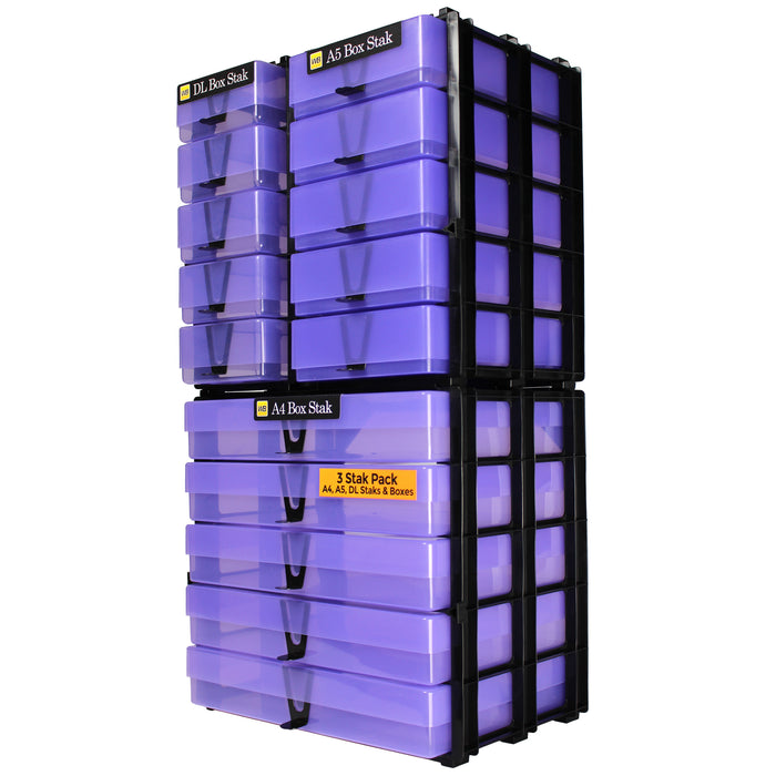 Purple / Transparent, WestonBoxes 3 Box Stak Pack A4, A5, DL Crat Storage Unit Staks & Boxes modular customisable storage