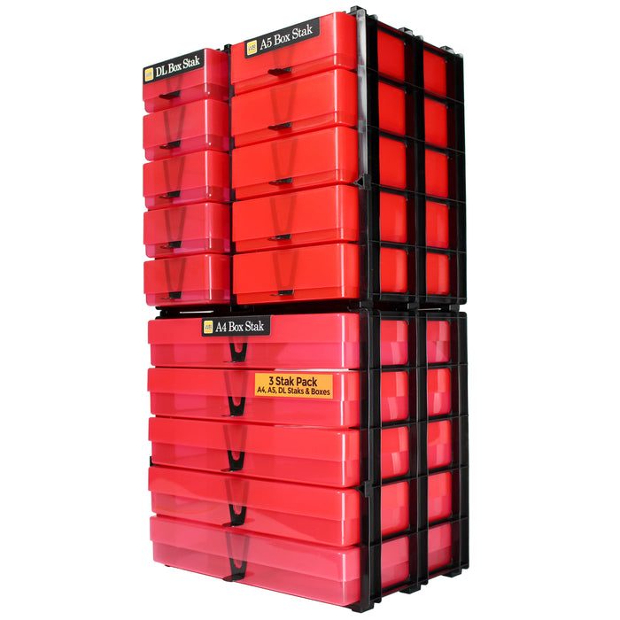 Red / Transparent, WestonBoxes 3 Box Stak Pack A4, A5, DL Crat Storage Unit Staks & Boxes modular customisable storage