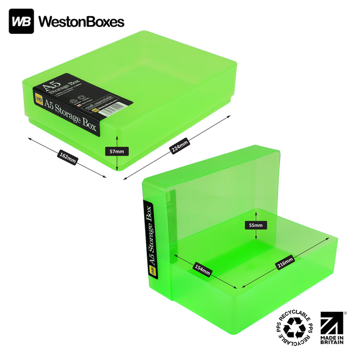 Green/Transparent, WestonBoxes A5 internal and external Dimensions