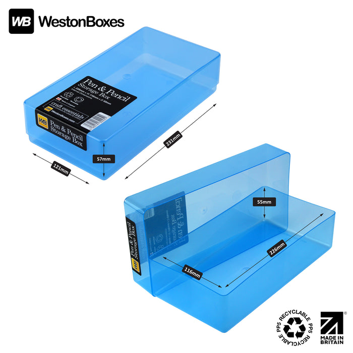 Blue/Transparent, WestonBoxes Pen and Pencil Box internal and external Dimensions