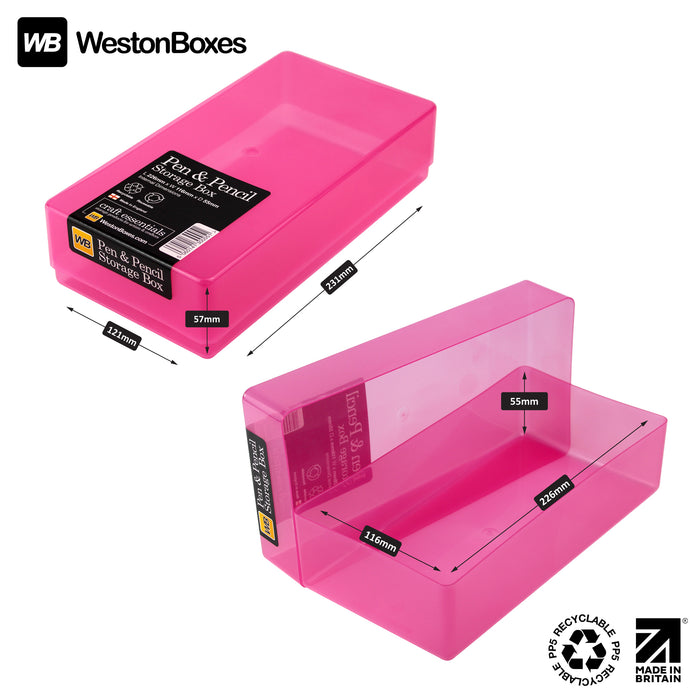 Pink/Transparent, WestonBoxes Pen and Pencil Box internal and external Dimensions