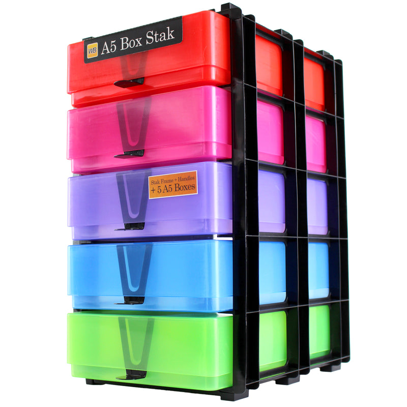 WestonBoxes A5 Box Stak craft storage unit in mixed colours — holds 5 A5 storage boxes
