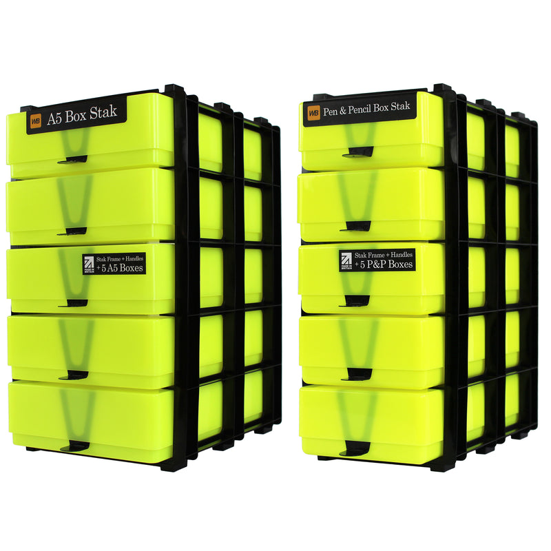 Neon Yellow/Opaque, WestonBoxes 2 Stak pack side by side