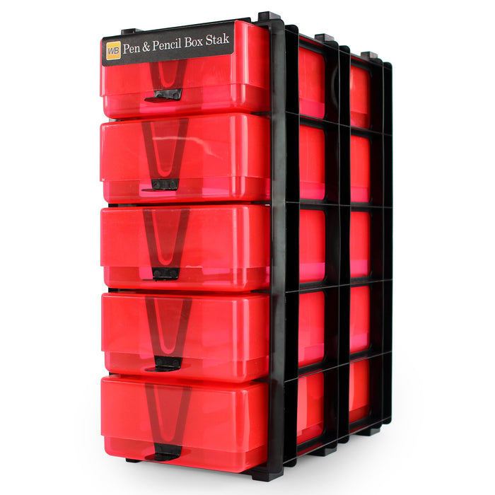 WestonBoxes pen and pencil storage box stacking unit for arts and crafts supplies red transparent